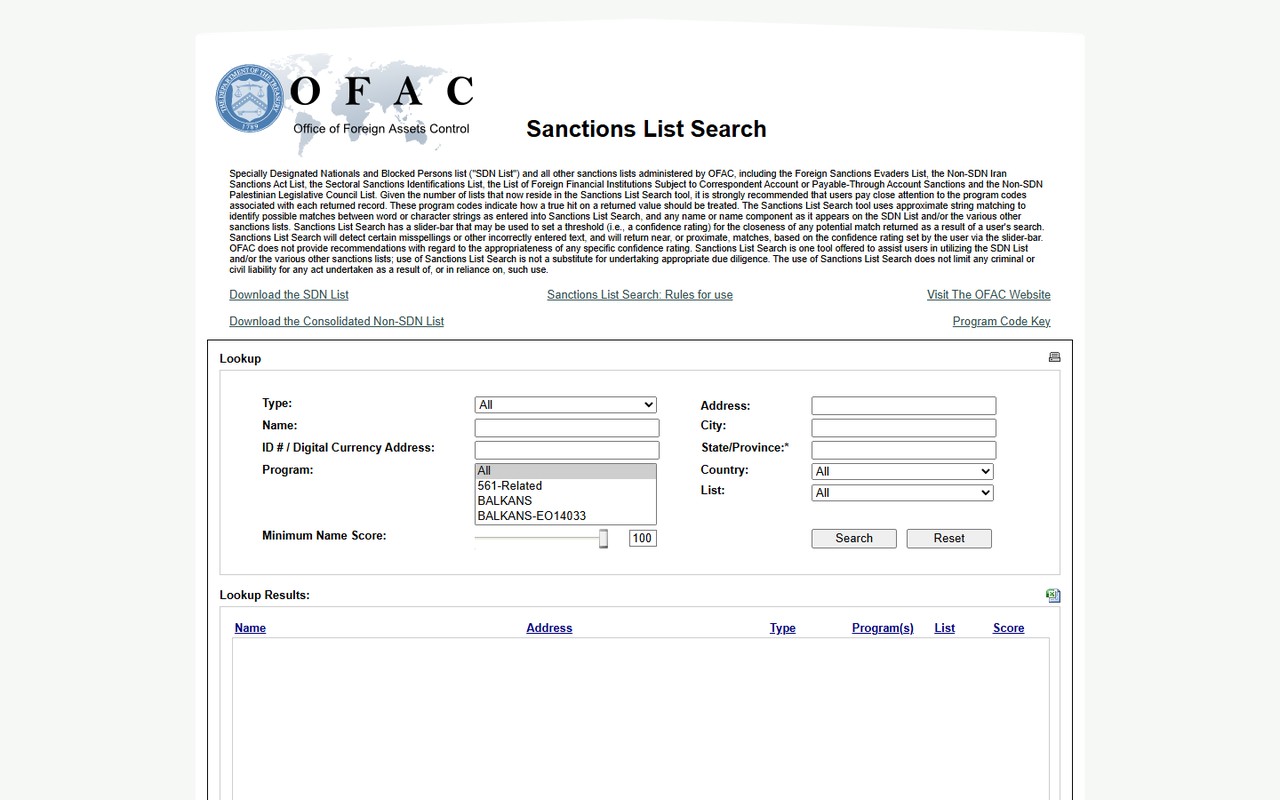 OFAC 官方制裁名单检索工具真实界面（未输入涉案地址，非案件查询结果）